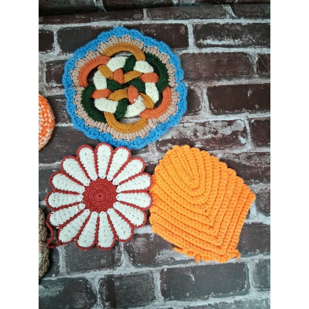 Lot Of 6 Vintage Crochet Pot Holders Trivets Handmade Kitchen Decor 70s 80s
